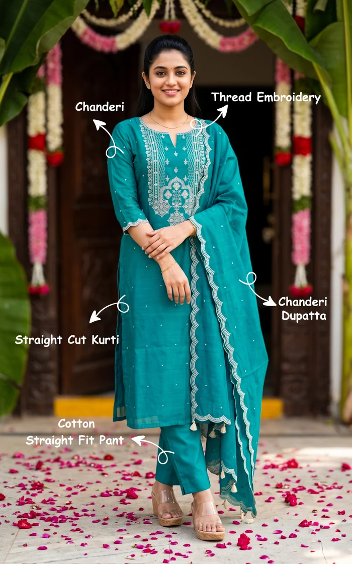 Teal Blue Thread Embroidered Straight Salwar set